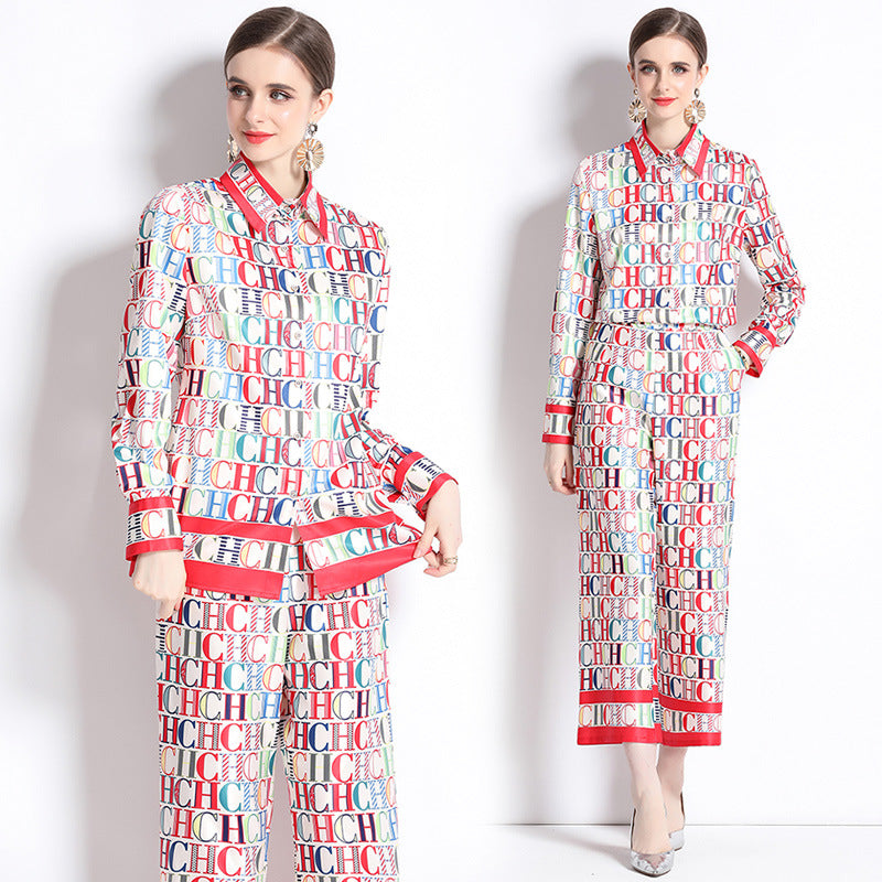 CHCH Slim Shirt with Loose Positioning Printed Wide-Leg Pants set