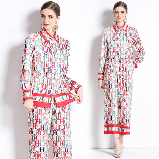 CHCH Slim Shirt with Loose Positioning Printed Wide-Leg Pants set