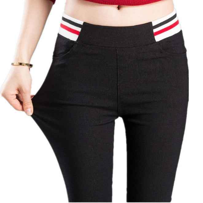 New product spring and autumn Korean version new high-waisted color strip outer leggings women's slim body stretch small foot pencil pants manufacturer batch