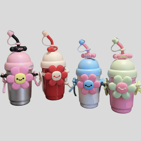 700ml Sunflower and Heart 316 Stainless Steel Water Bottle with Straw