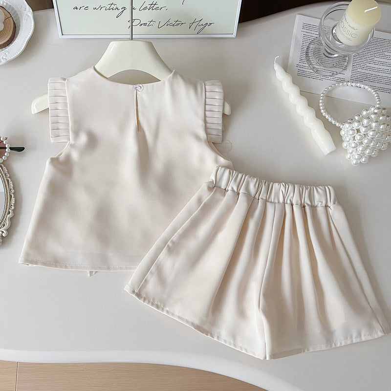 Girls Flower Sleeveless Top + Pleated Short Outfit Set - White