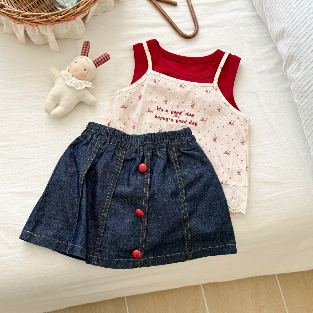 Girl's Summer Floral Camisole + Skirt 3-piece Set