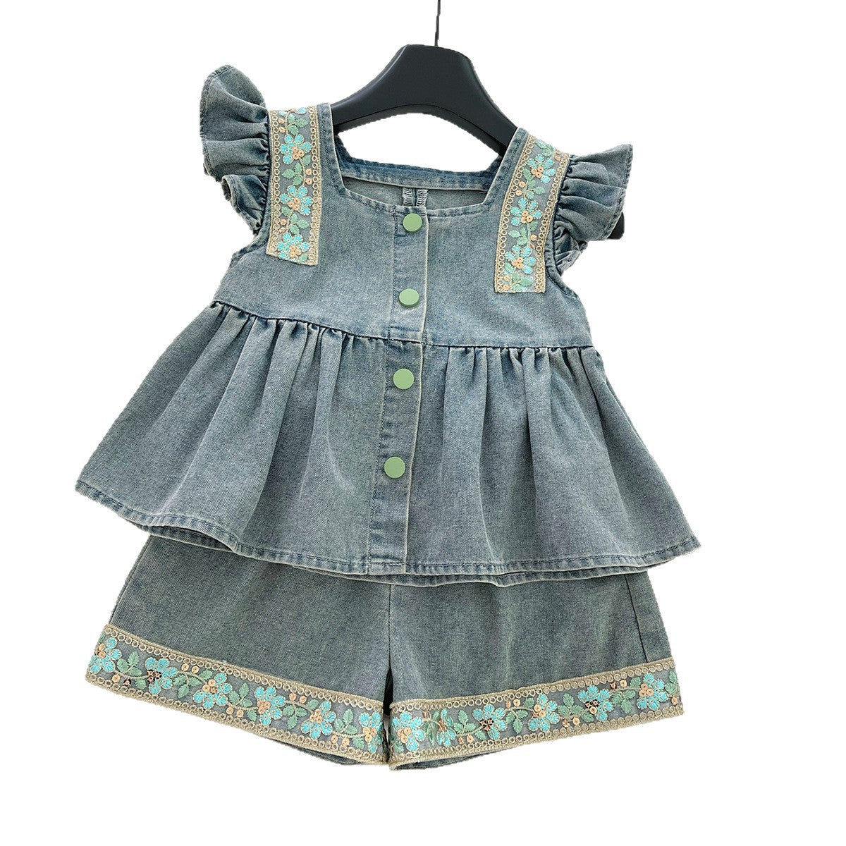 Girls Summer Fashionable Cut Out Bow Denim 2 Pcs Set