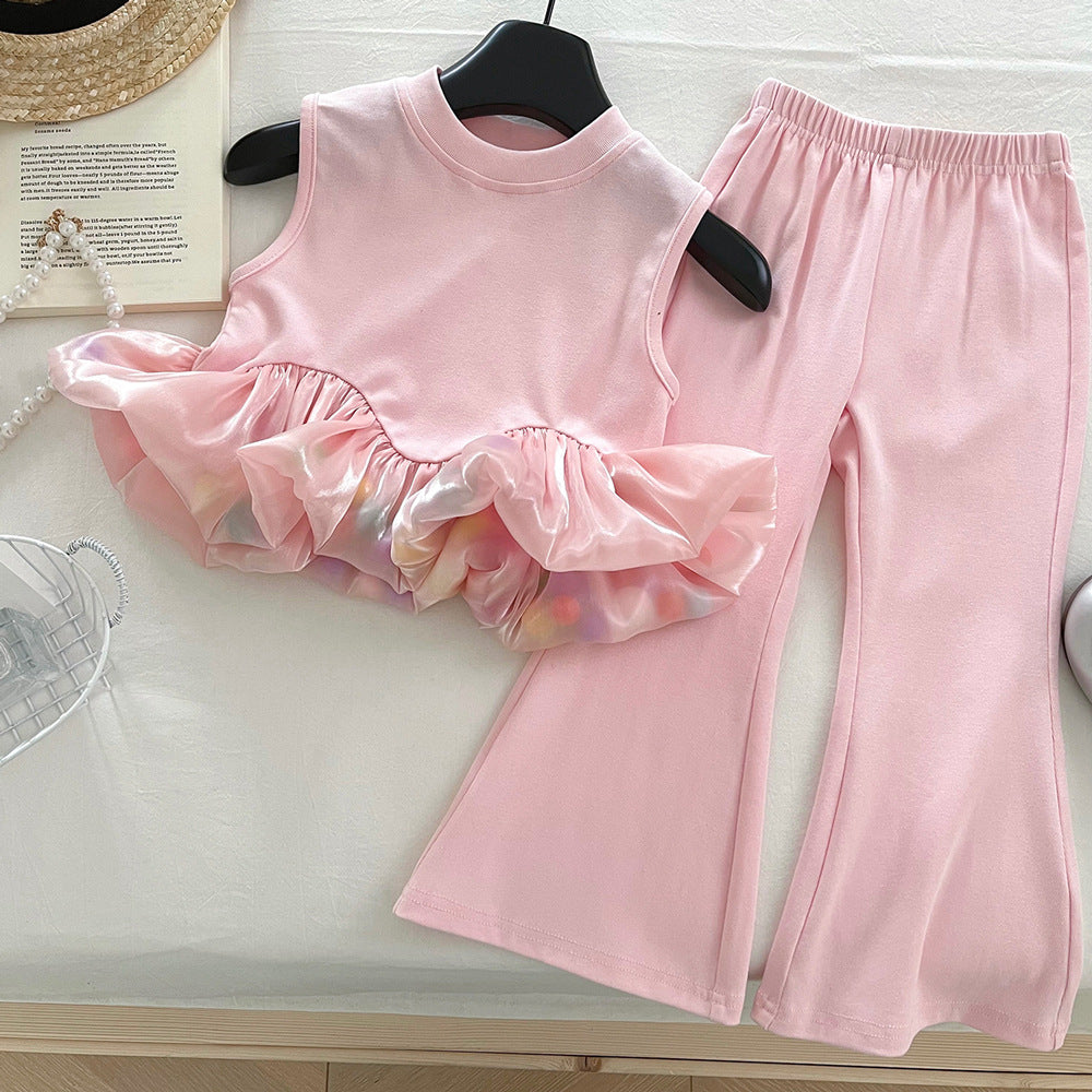Girls Sleeveless Spliced Pom Pom Top + Stretch Bootcut Pants 2 Pcs Outfit Set