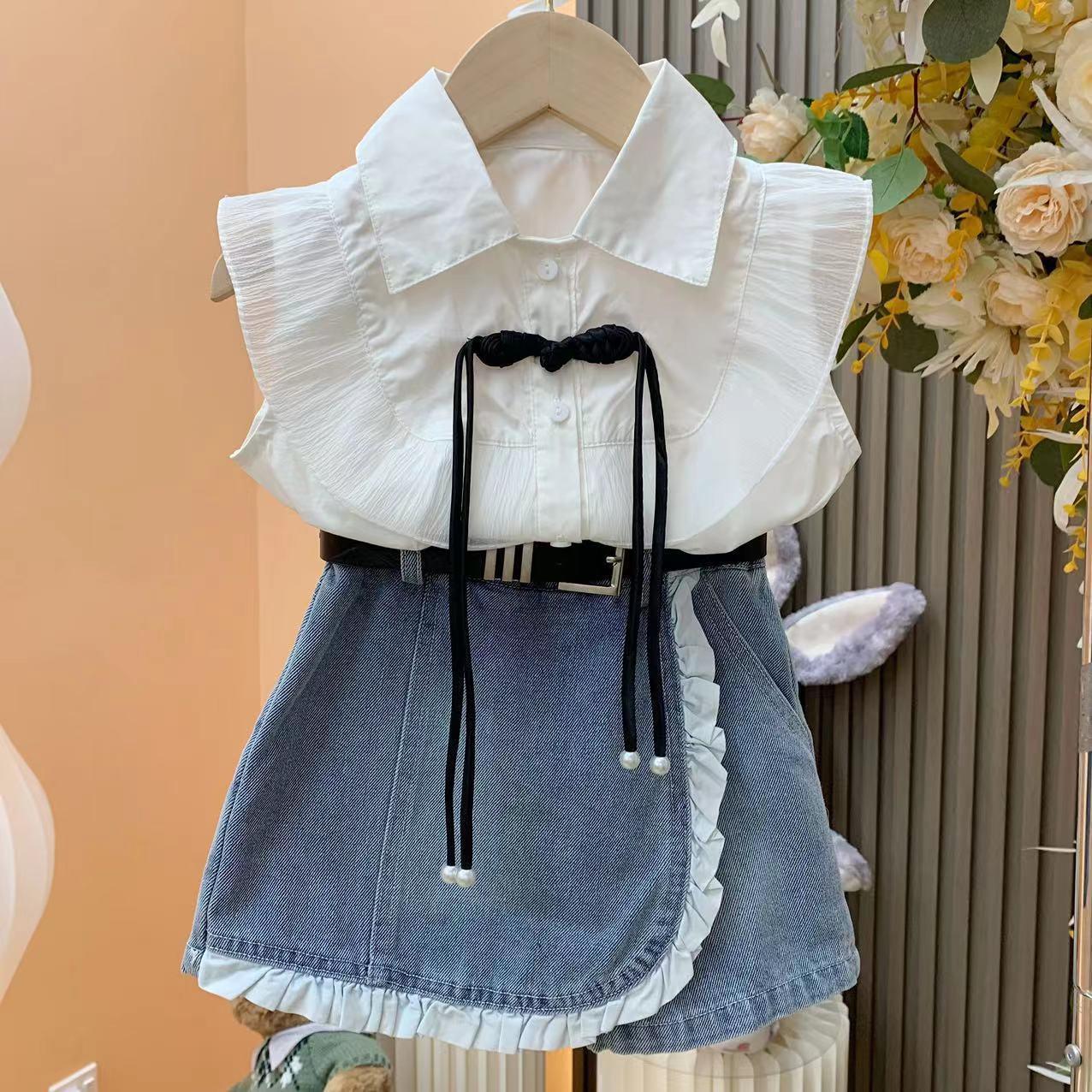Girls 2pcs Outfit Set Casual Denim Skirt And Shirt*