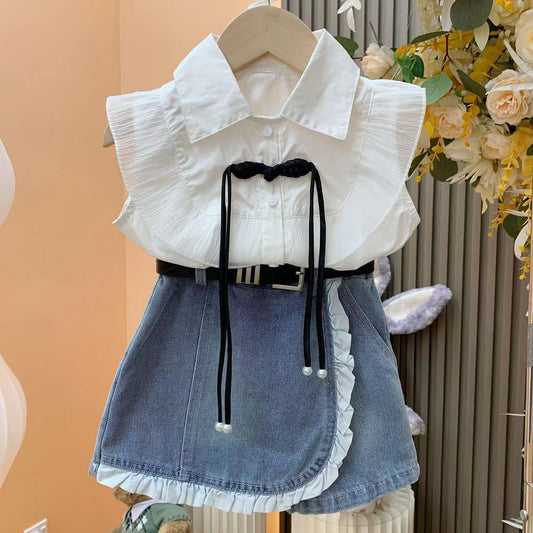 Girls 2pcs Outfit Set Casual Denim Skirt And Shirt*