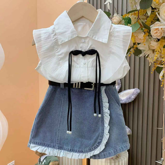 Girls 2pcs Outfit Set Casual Denim Skirt And Shirt