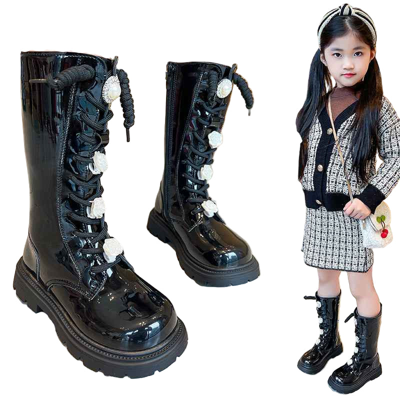 Girls' boots 2024 spring and autumn new children's boots fashion princess martin boots black high flower boots
