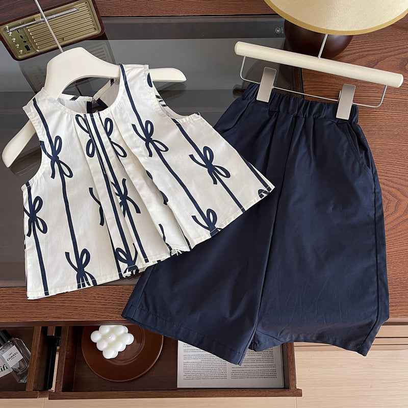 Girls' Sleeveless Doll Shirt + Cropped Wide Pants 2Pcs Outfit Set