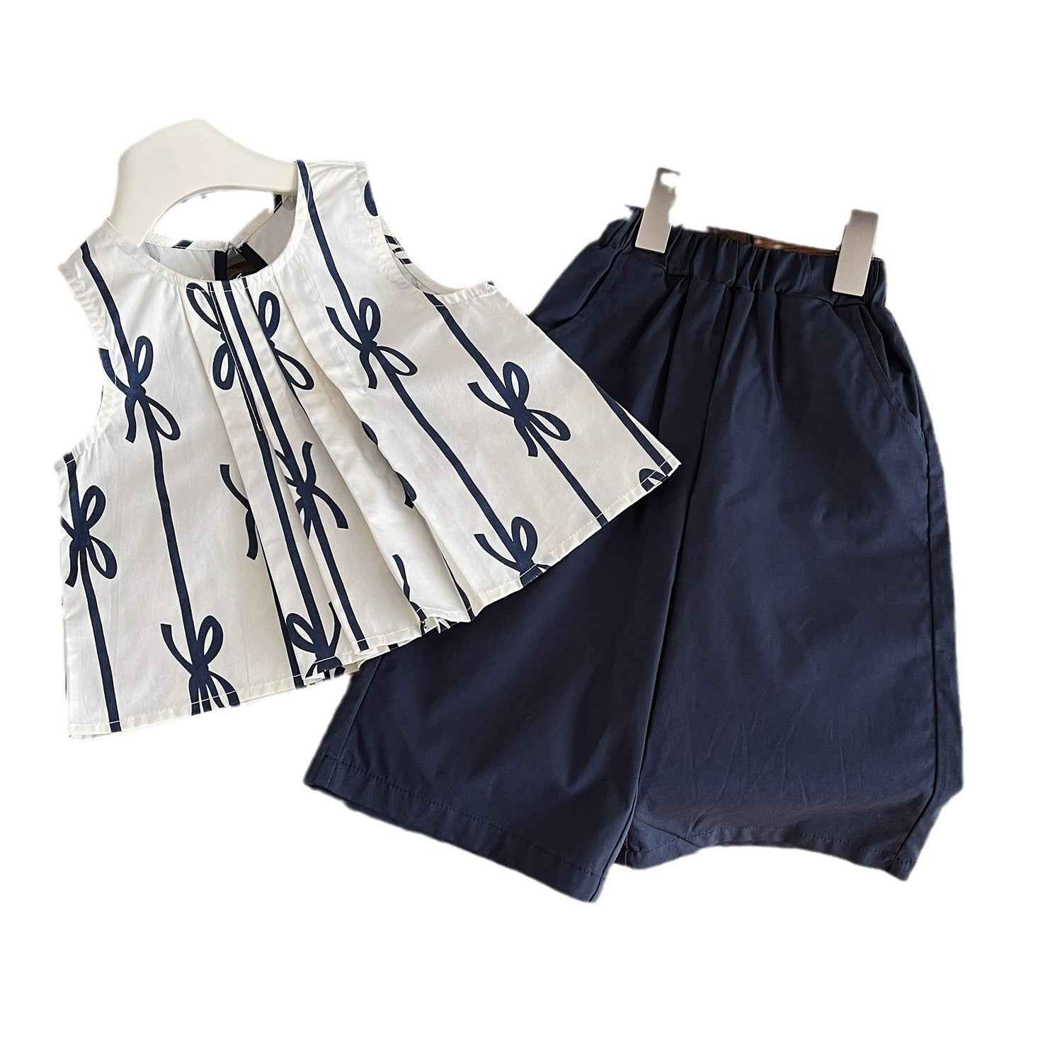 Girls' Sleeveless Doll Shirt + Cropped Wide Pants 2Pcs Outfit Set