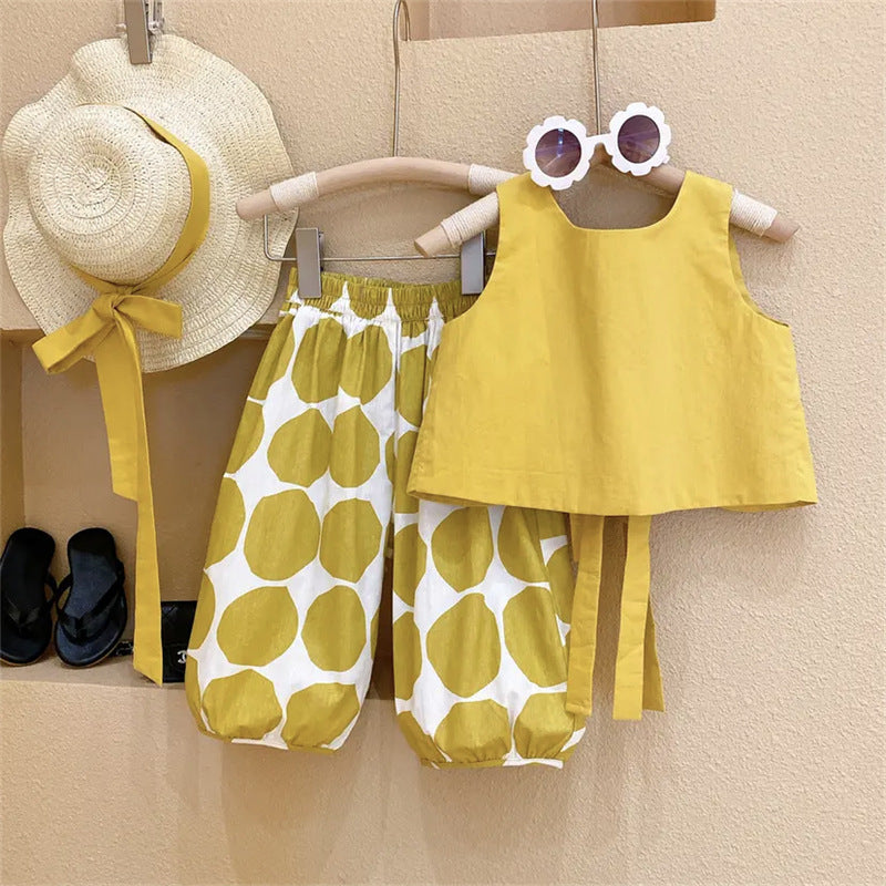 Girls Pastoral Backless Top + Polka Dot Bloomers Pants 2Pcs Outfit Set