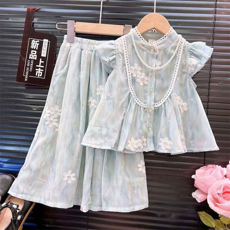 Girls' Classic Flying Sleeve Top + Wide Leg Pants - Blue 2Pcs Outfit Set