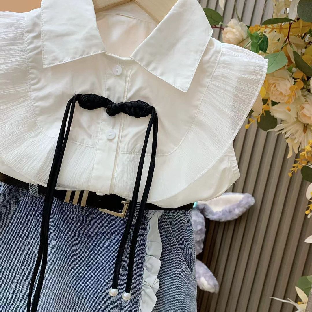 Girls 2pcs Outfit Set Casual Denim Skirt And Shirt*