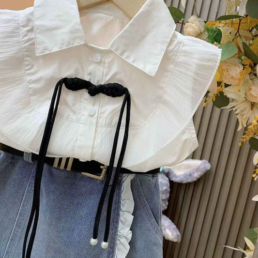 Girls 2pcs Outfit Set Casual Denim Skirt And Shirt