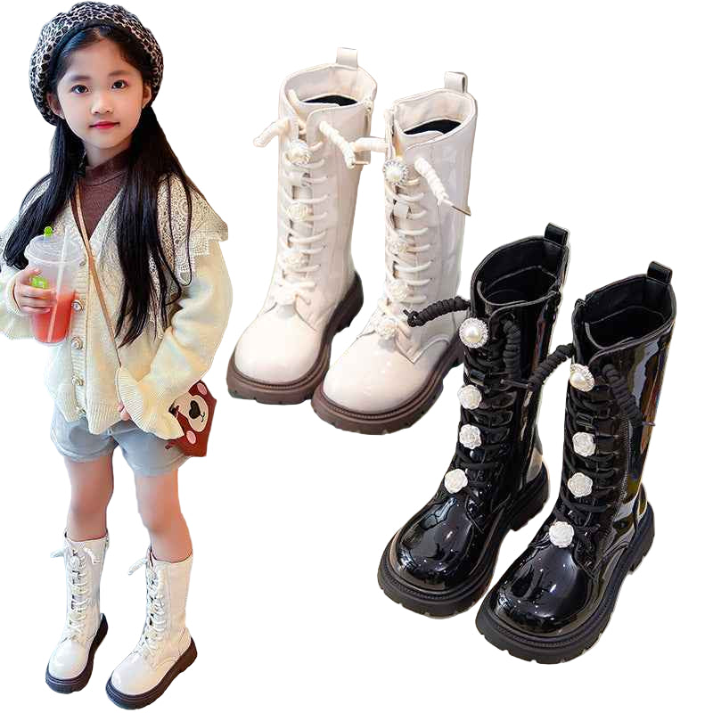 Girls' boots 2024 spring and autumn new children's boots fashion princess martin boots black high flower boots