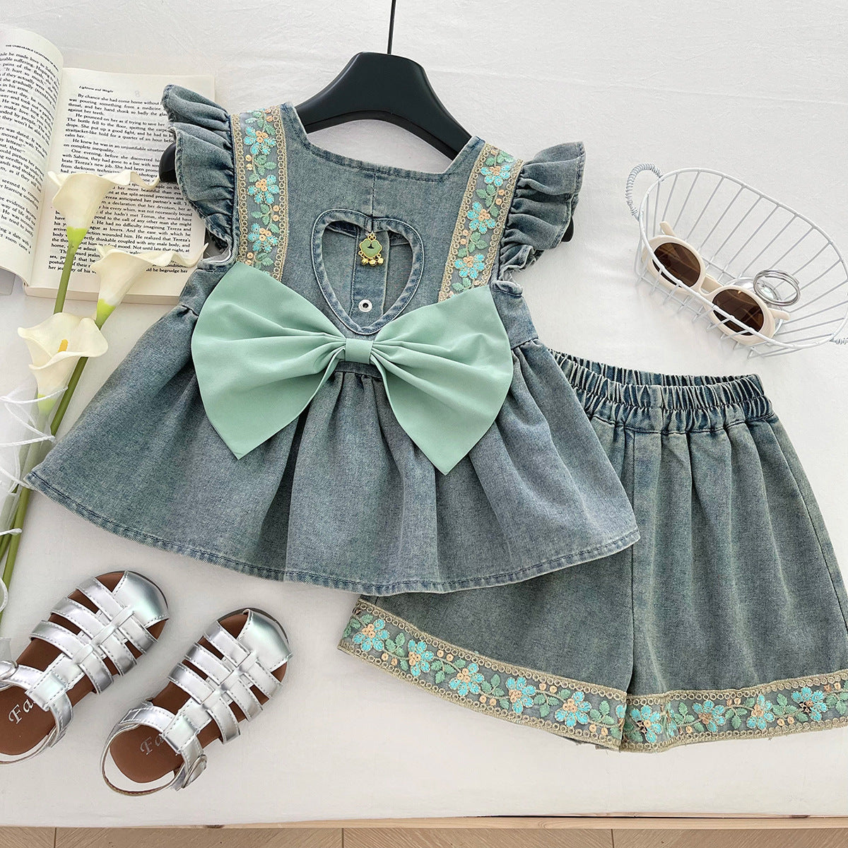 Girls Summer Fashionable Cut Out Bow Denim 2 Pcs Set