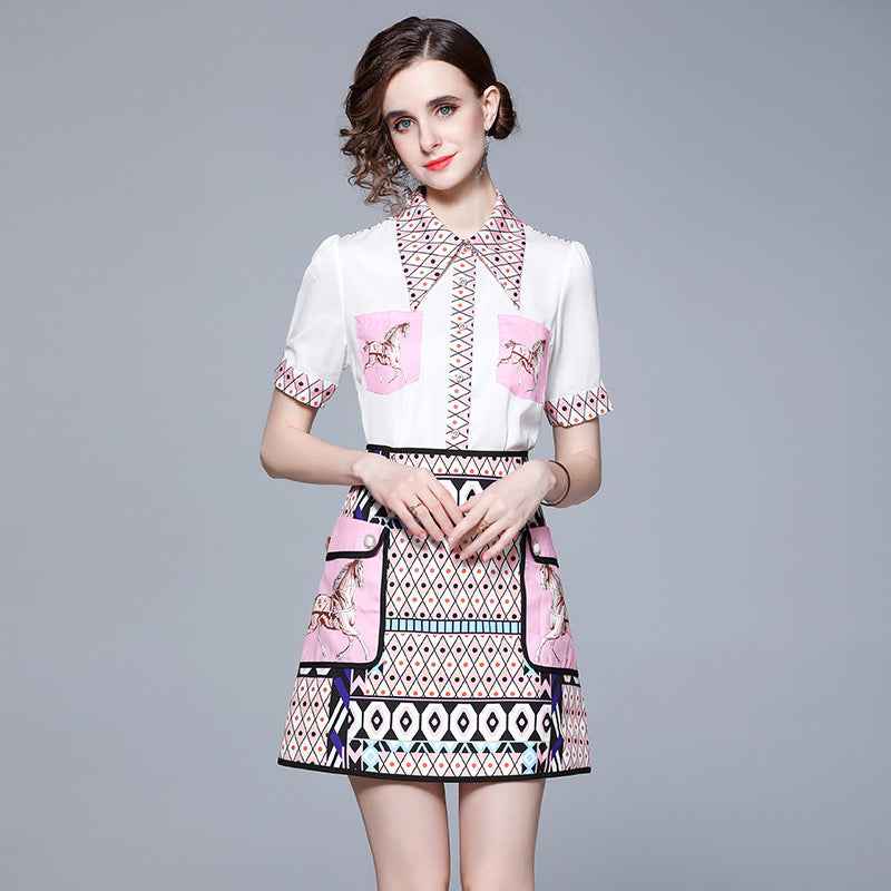1315 Real Shot of New Summer Women's Elegant Retro Lapel Short-sleeved Shirt + High-waisted Skirt Two-piece Suit