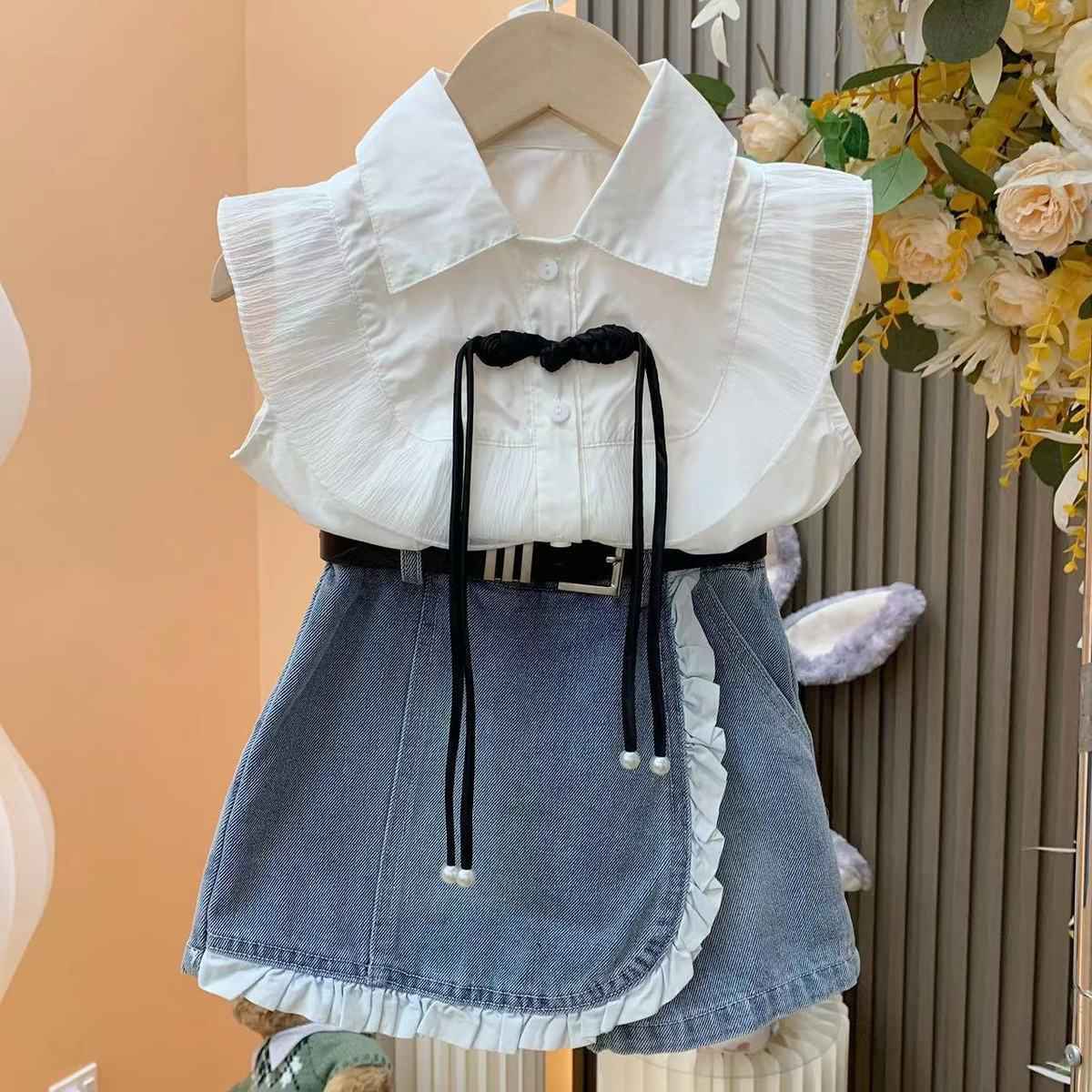 Girls 2pcs Outfit Set Casual Denim Skirt And Shirt