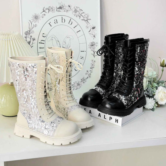 2024 Fall/Winter New Girls' Lace-up Sequins Thin Fleece High Boots Boots 64385X085