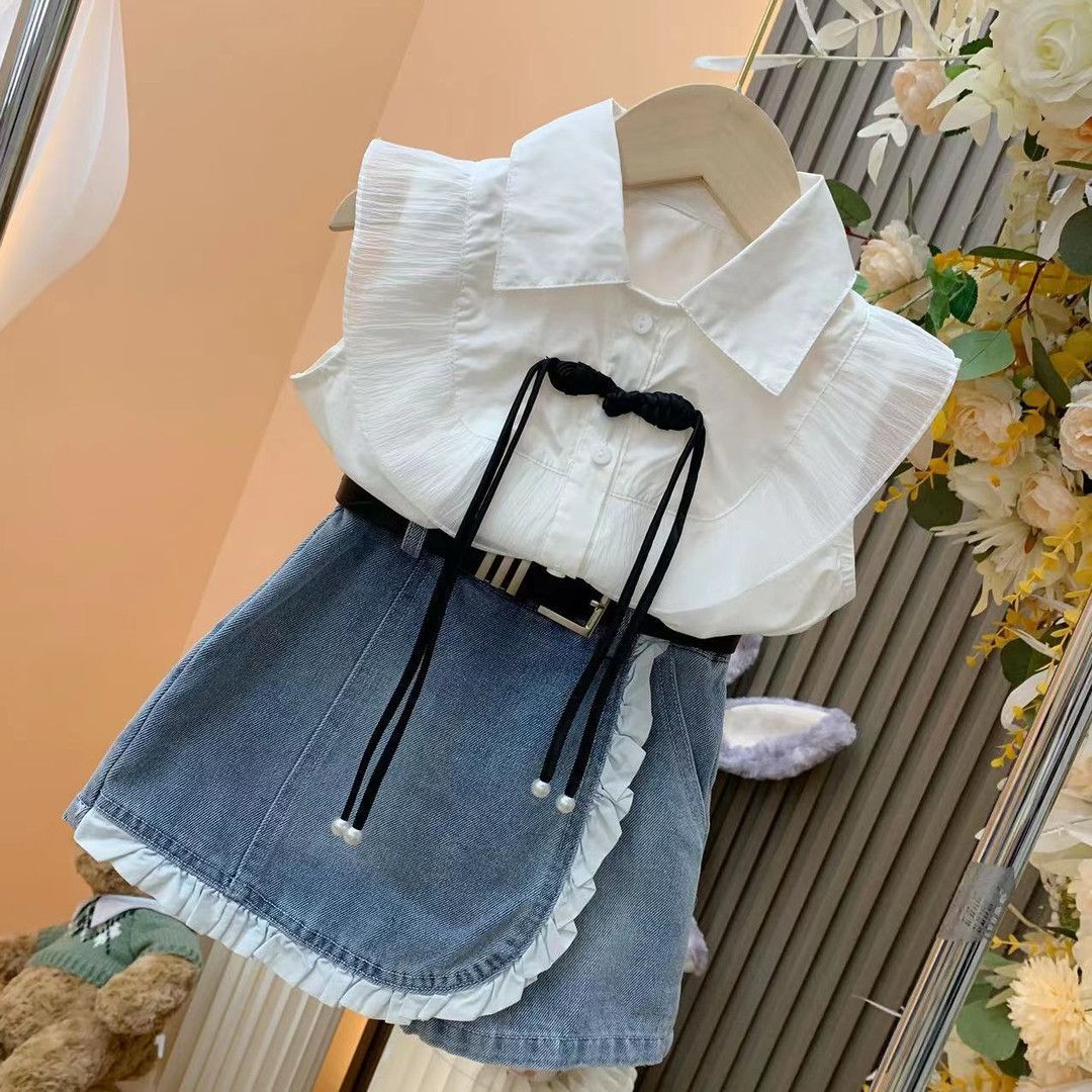 Girls 2pcs Outfit Set Casual Denim Skirt And Shirt*