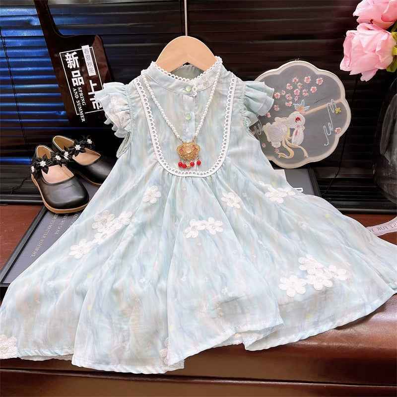 Girls' Classic Flying Sleeve Top + Wide Leg Pants - Blue 2Pcs Outfit Set