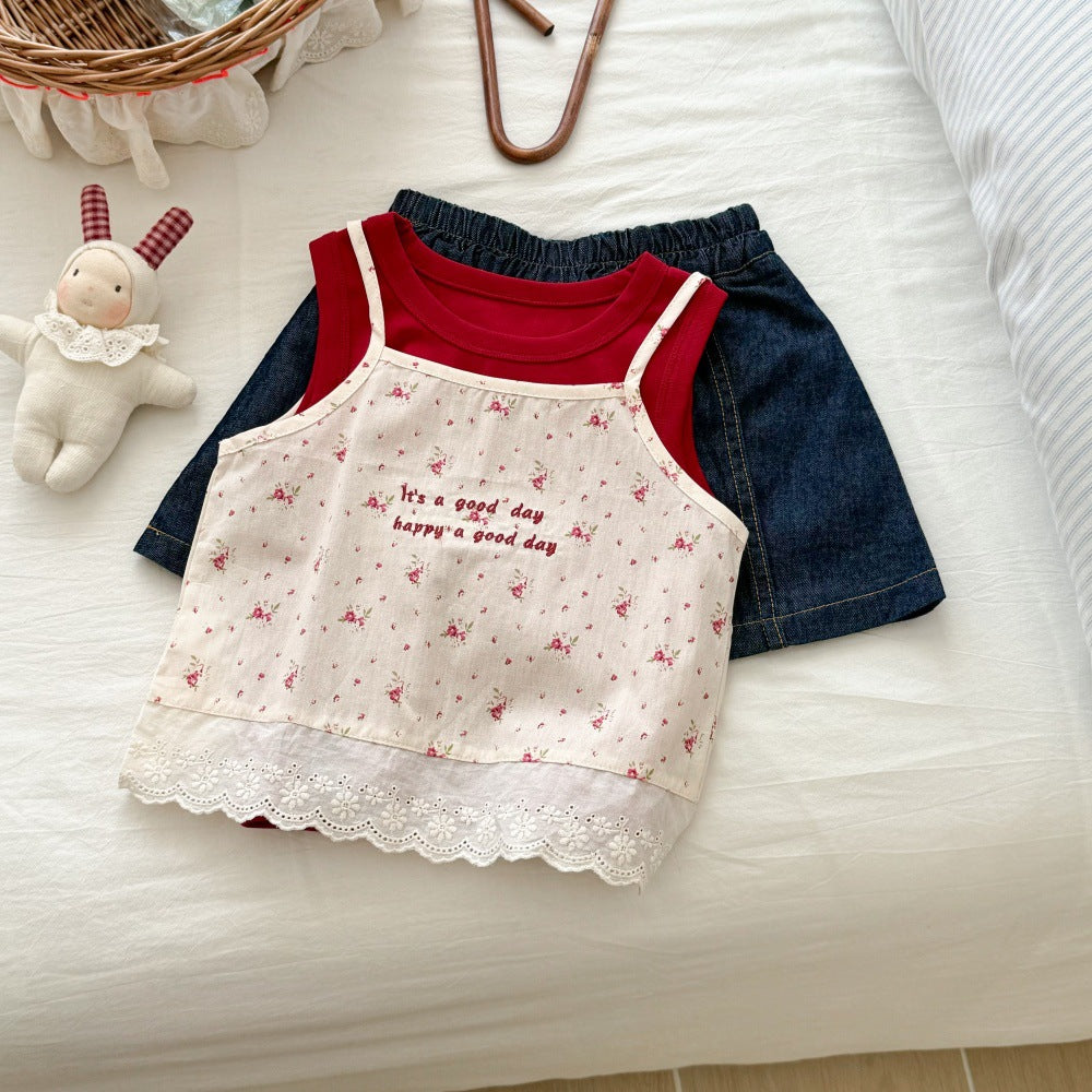 Girl's Summer Floral Camisole + Skirt 3-piece Set