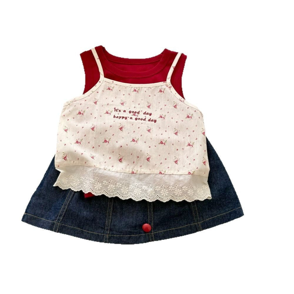 Girl's Summer Floral Camisole + Skirt 3-piece Set