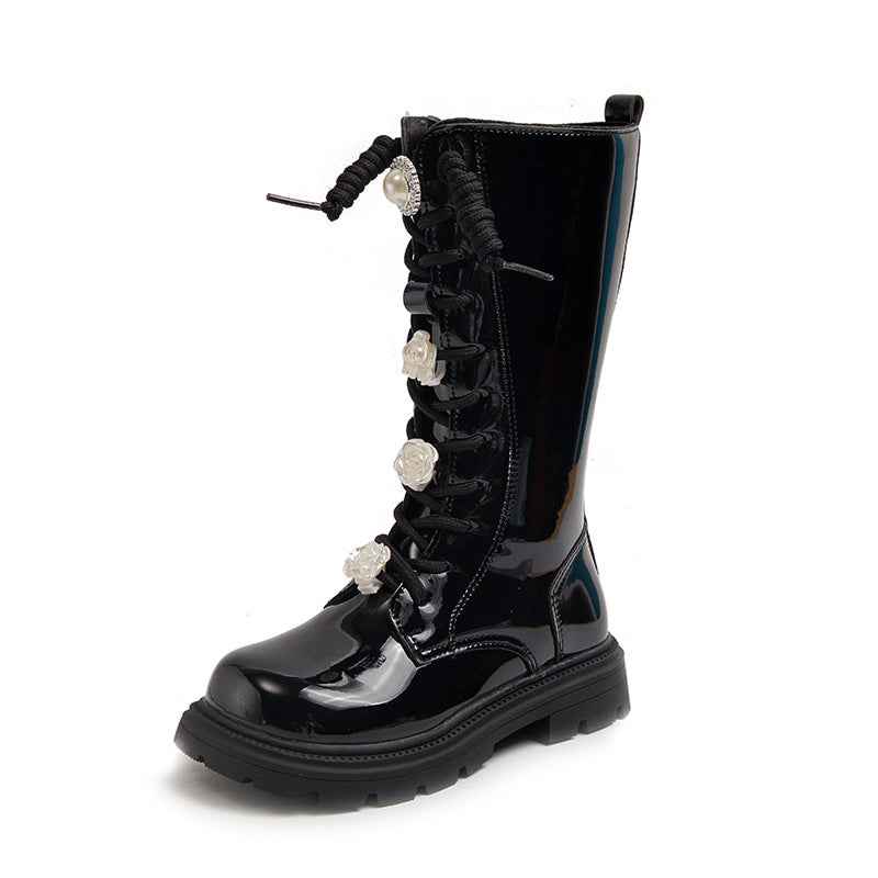 Girls' boots 2024 spring and autumn new children's boots fashion princess martin boots black high flower boots