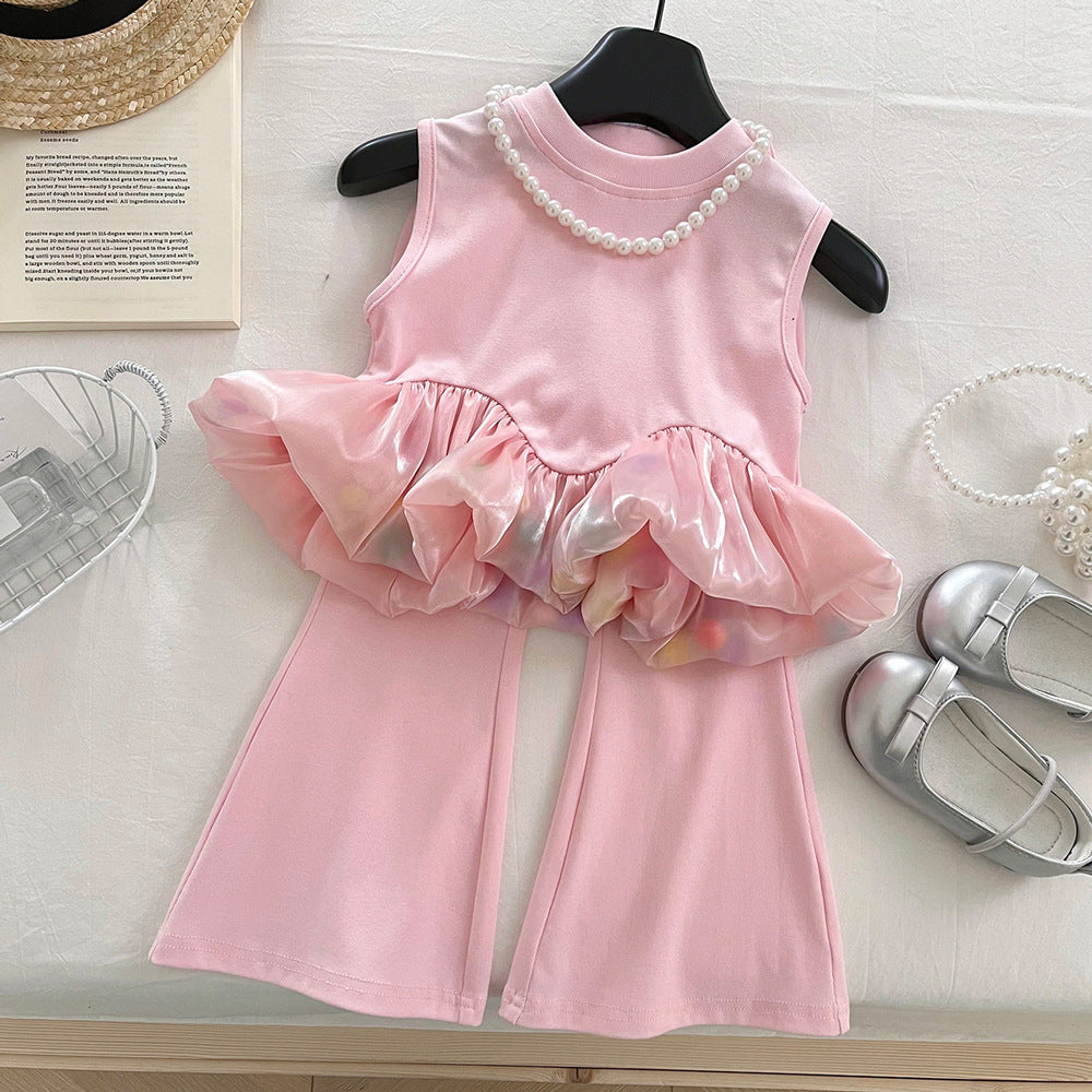 Girls Sleeveless Spliced Pom Pom Top + Stretch Bootcut Pants 2 Pcs Outfit Set