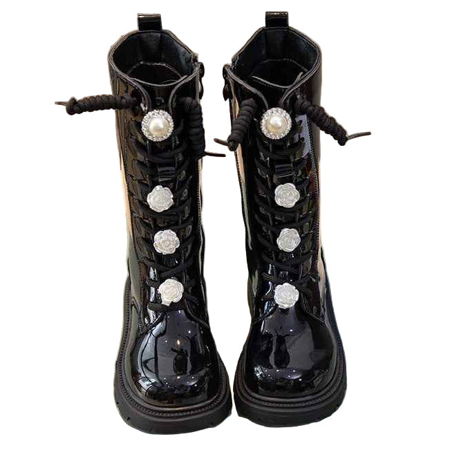 Girls' boots 2024 spring and autumn new children's boots fashion princess martin boots black high flower boots