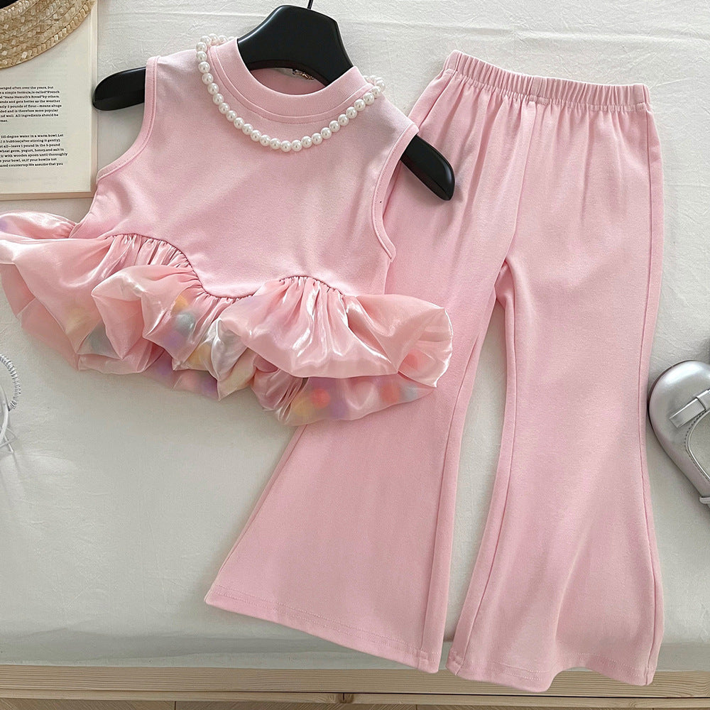 Girls Sleeveless Spliced Pom Pom Top + Stretch Bootcut Pants 2 Pcs Outfit Set