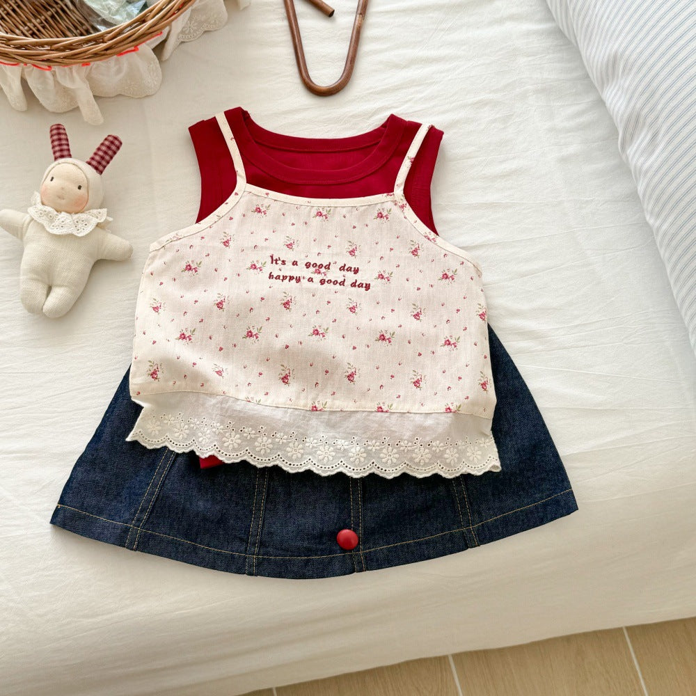Girl's Summer Floral Camisole + Skirt 3-piece Set