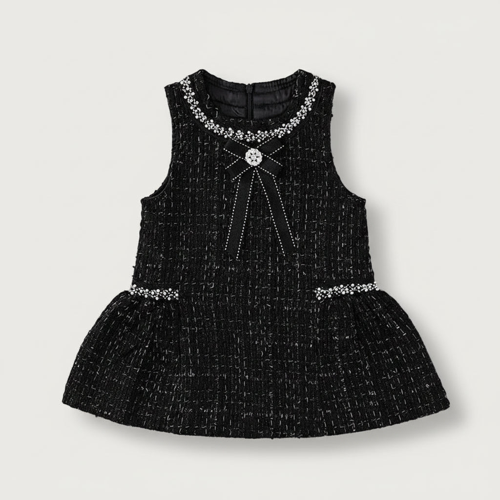 Girl's Black Tweed Sleeveless Sundress
