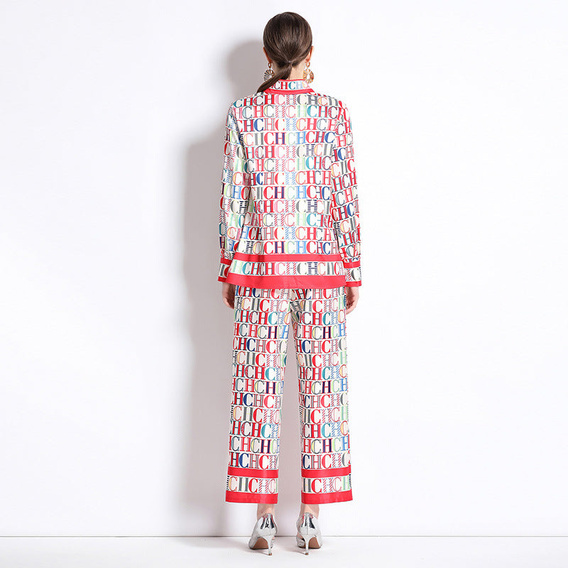 CHCH Slim Shirt with Loose Positioning Printed Wide-Leg Pants set