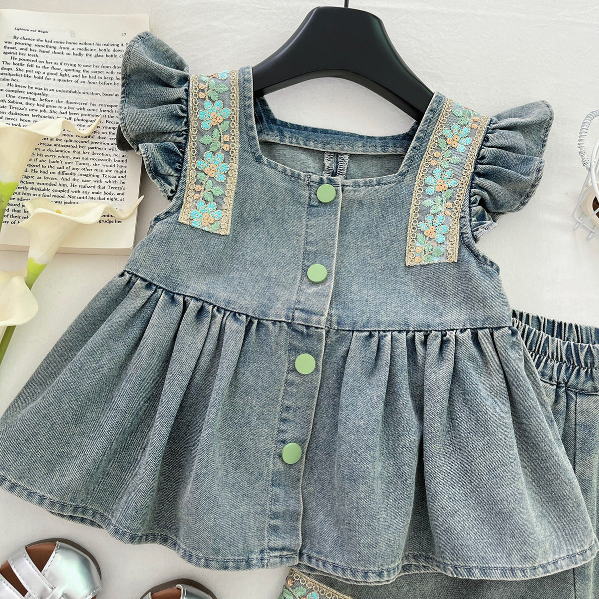Girls Summer Fashionable Cut Out Bow Denim 2 Pcs Set
