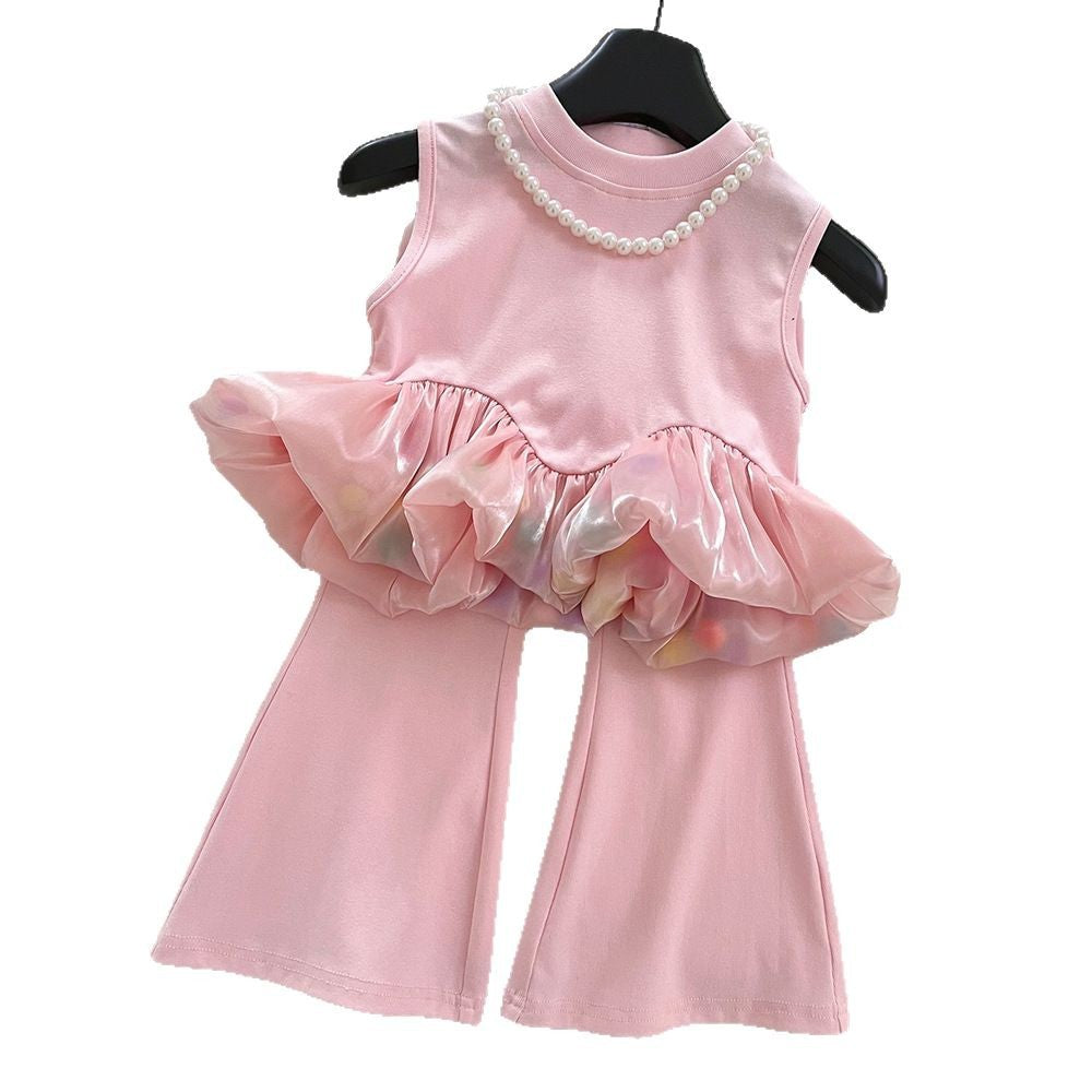 Girls Sleeveless Spliced Pom Pom Top + Stretch Bootcut Pants 2 Pcs Outfit Set