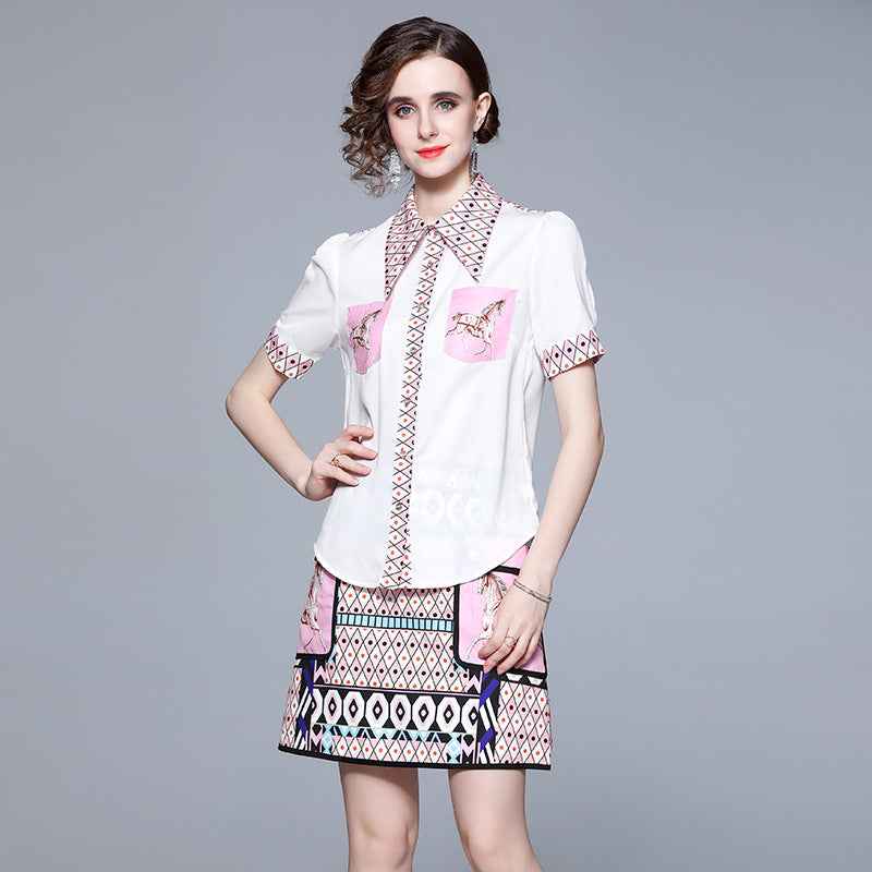 1315 Real Shot of New Summer Women's Elegant Retro Lapel Short-sleeved Shirt + High-waisted Skirt Two-piece Suit