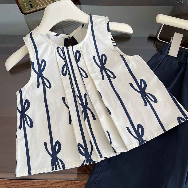 Girls' Sleeveless Doll Shirt + Cropped Wide Pants 2Pcs Outfit Set