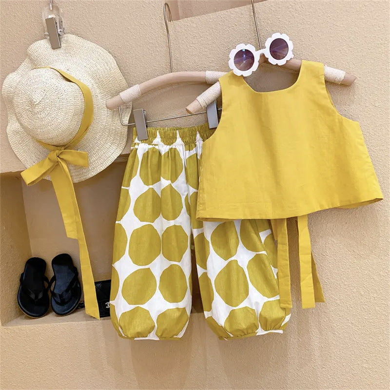Girls Pastoral Backless Top + Polka Dot Bloomers Pants 2Pcs Outfit Set