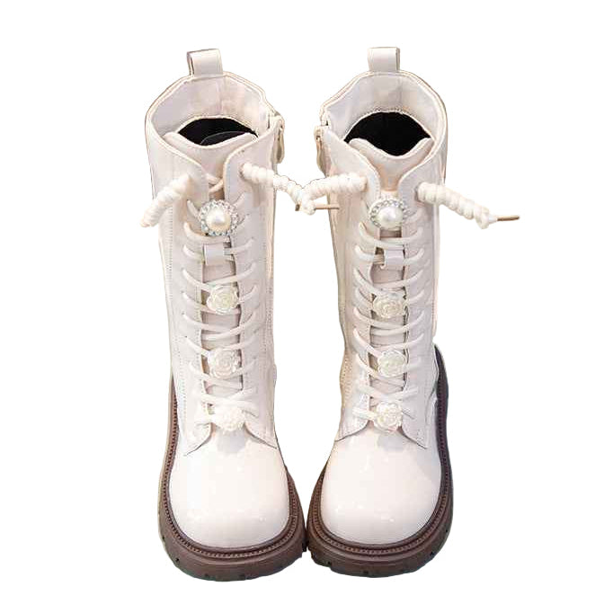 Girls' boots 2024 spring and autumn new children's boots fashion princess martin boots black high flower boots