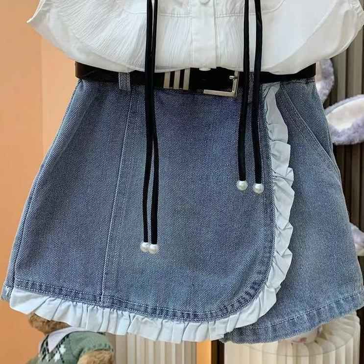 Girls 2pcs Outfit Set Casual Denim Skirt And Shirt