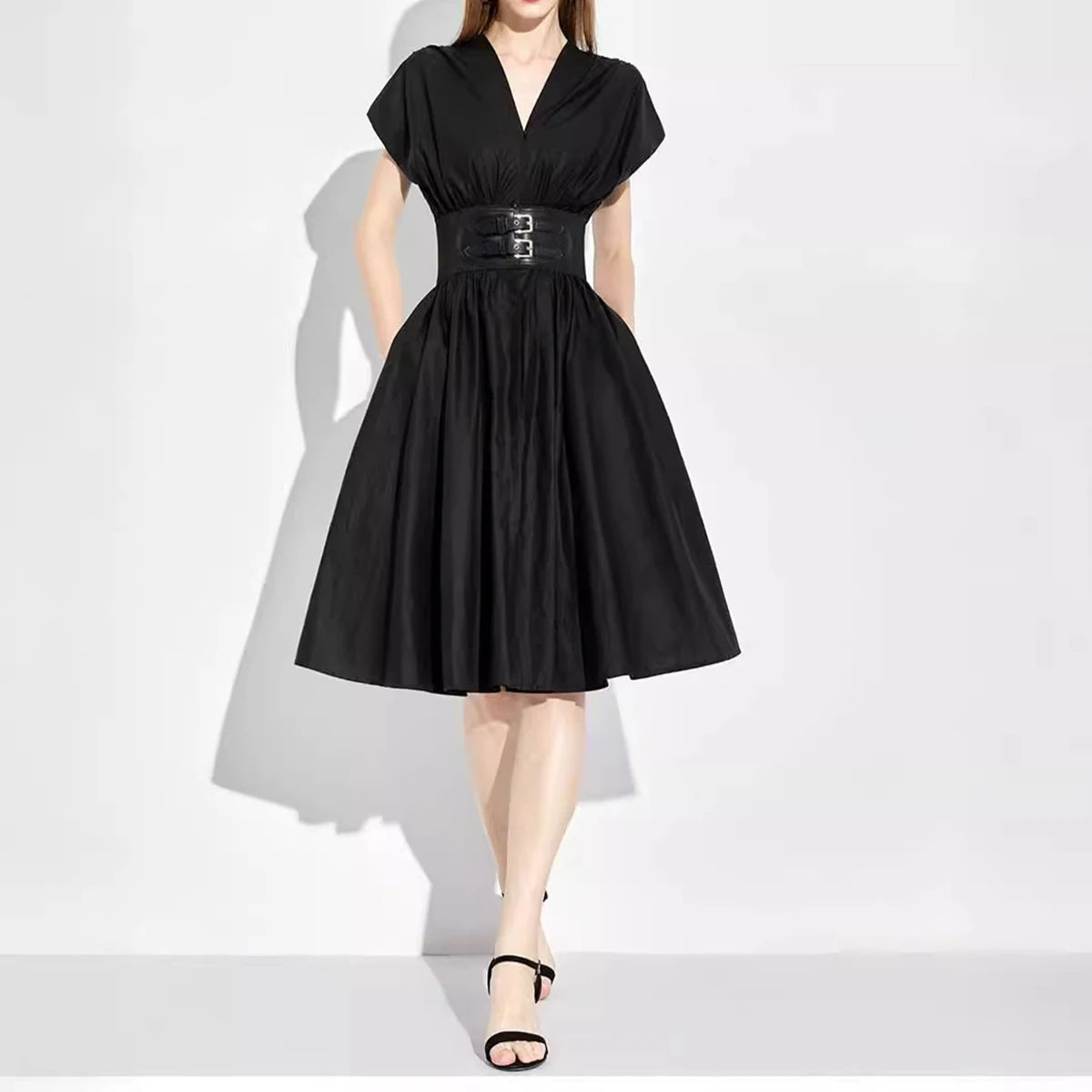 CH V-neck High Waist Slim Black Midi Dress