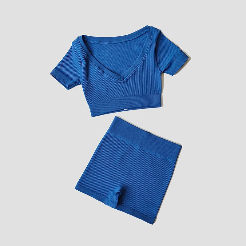 Women Hight Waist Seamless Sports Shorts + Sport Crop Top Set