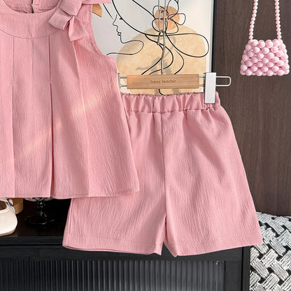 Sweet Pink Girls Summer Outfit - Sleeveless Bow Decoration Pleated Vest + Shorts 2Pcs Casual Set