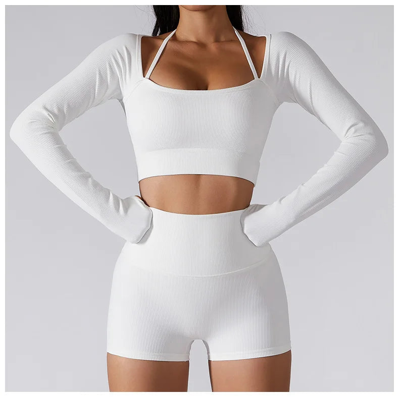 Women Long Sleeve Crop Top + One Shoulder Bra + High Waist Seamless Leggings Sportswear Set