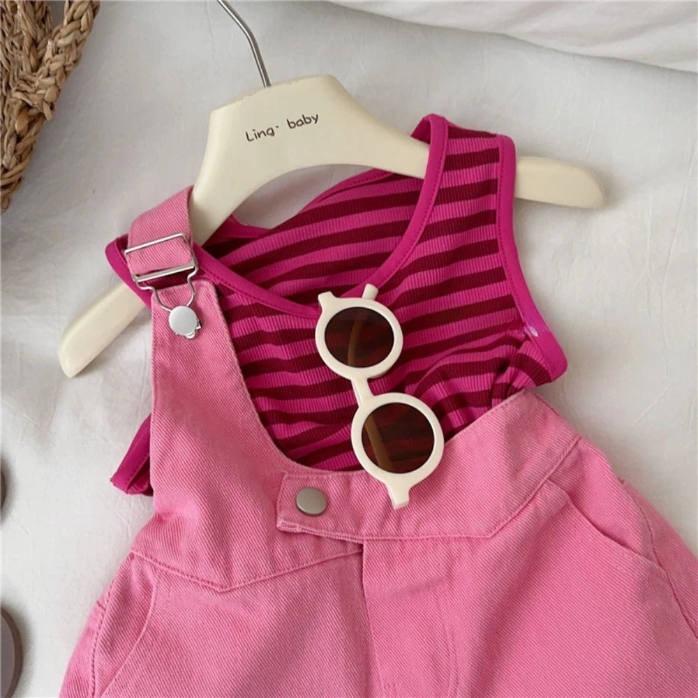 Summer Casual Clothes Suit - Sleeveless Striped Vest + Denim Overalls 2-piece Set