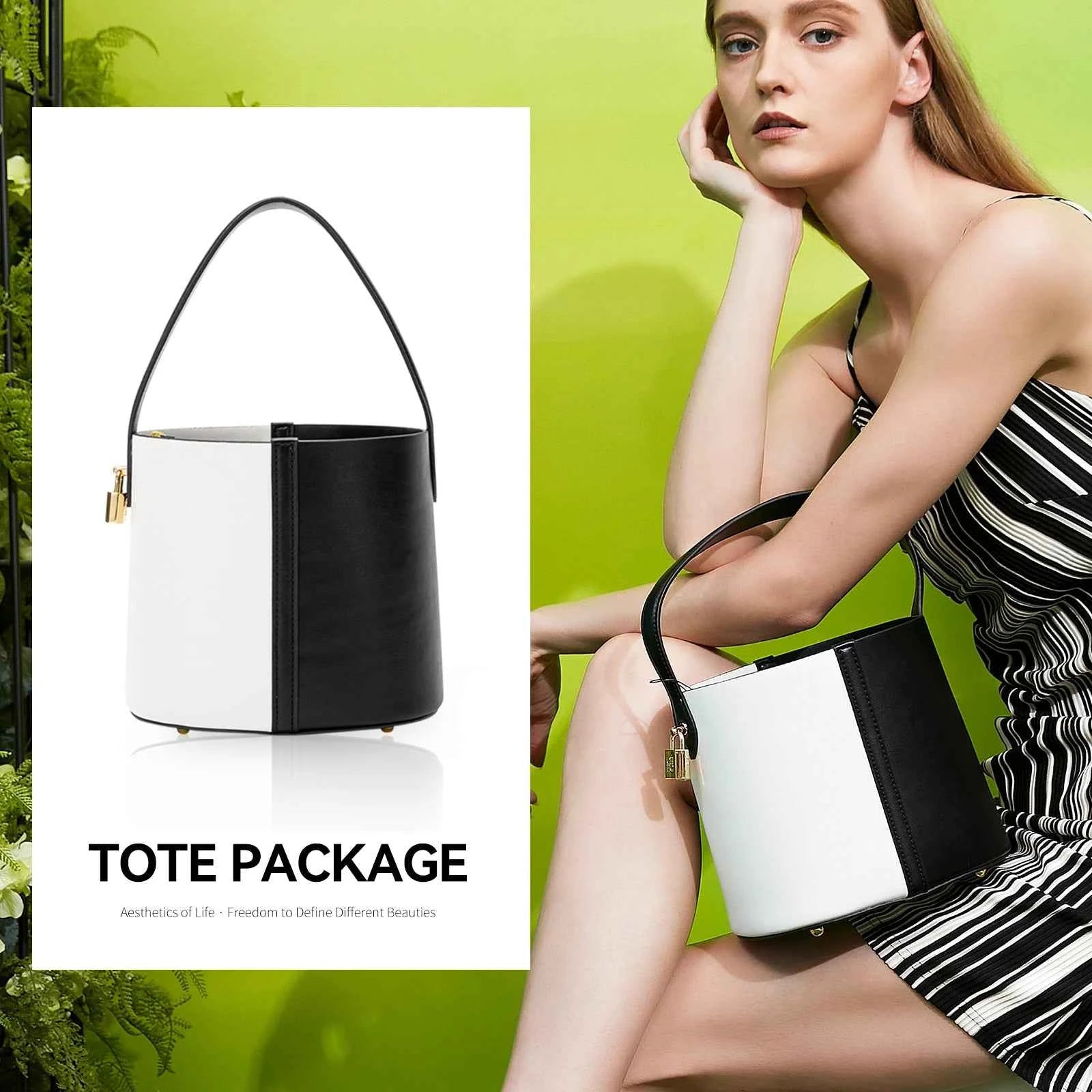 CHCH Two-tone Leather Bucket Handbag