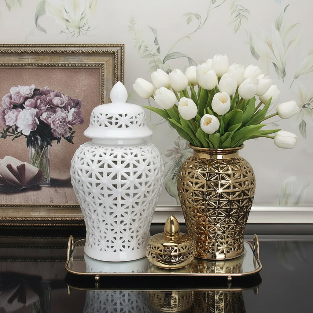 Modern Hollow Ceramic Ginger Jar Lid Home Decoration Vase and Ornaments