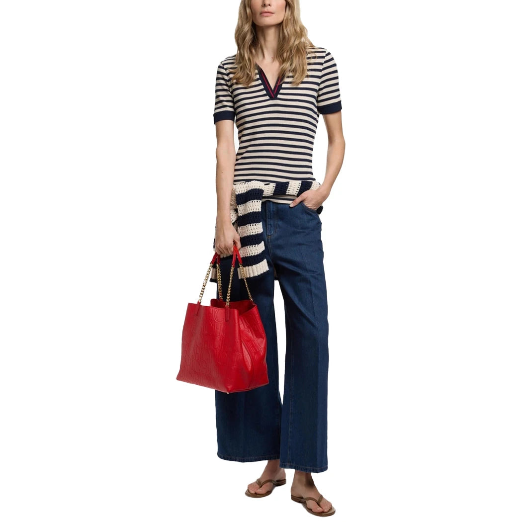 CH Women Stripe Knitted Chic Short Sleeve Polo Shirt