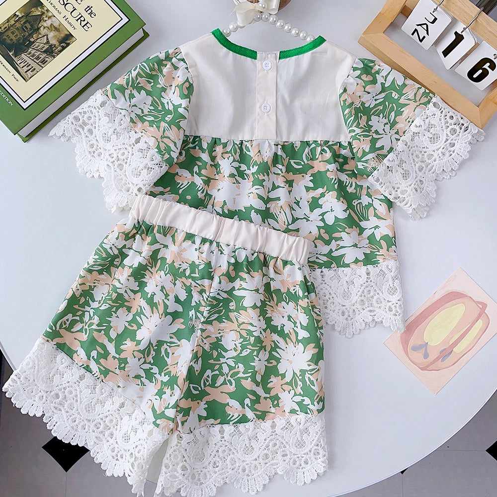 Girls Flower Lace Top + Shorts 2Piece Set